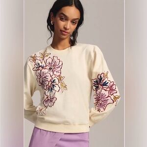 Anthropologie Cream Sweater Applique Embroidery Floral - Size Small - EUC